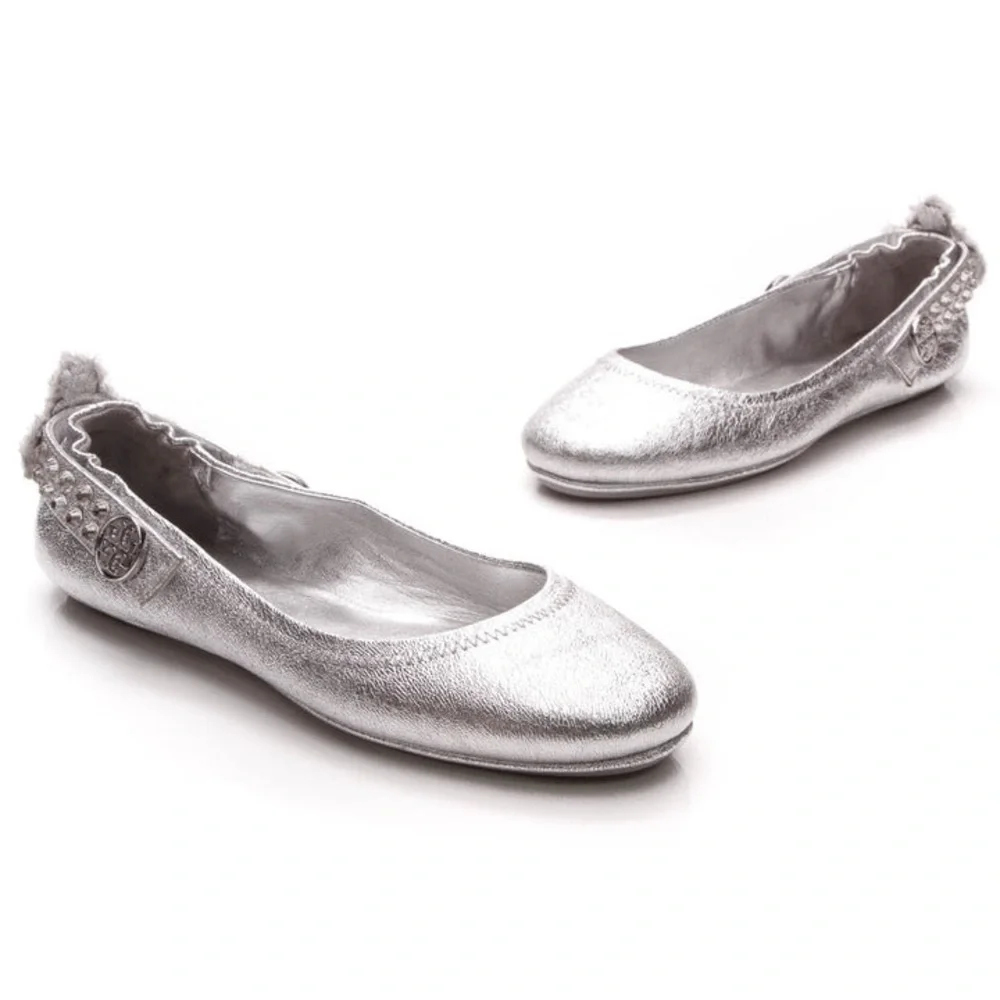 NEW!! Women’s Tory Burch Minnie Embellished Strap Ballet Flat 6M Silver Leather